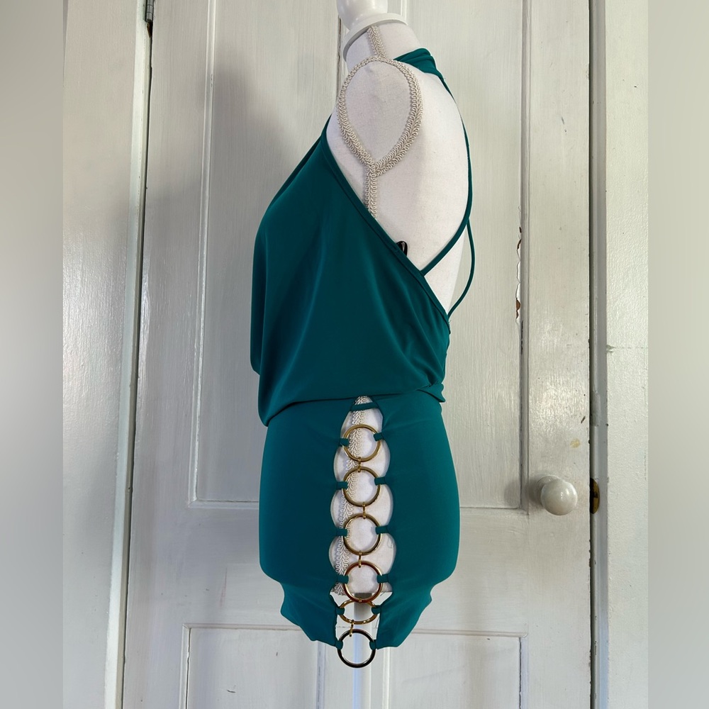 Symphony Turquoise Drape Front Dress with Gold Chain Sides NWOT size Small - Picture 3 of 8